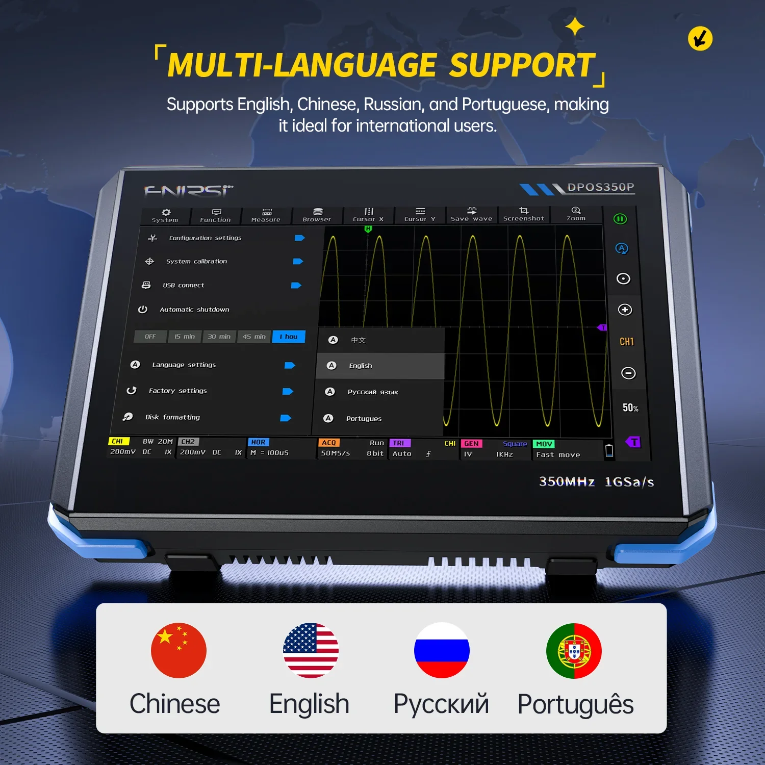 FNIRSI® DPOS350P 4-IN-1 350MHz 1GSPS Tablet Oscilloscope Signal Generator Spectrum Analyzer Frequency Response Analyzer - Image 8