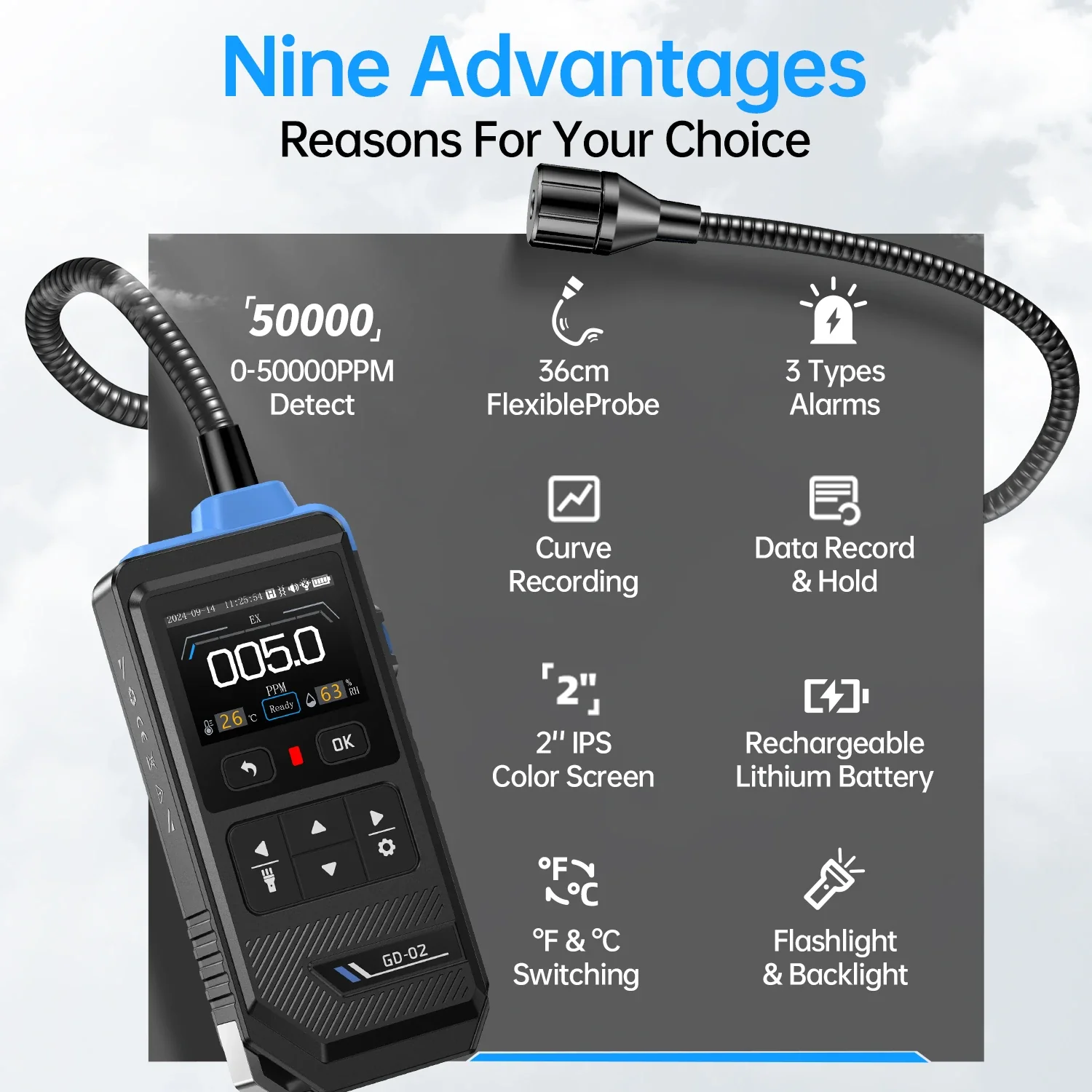 FNIRSI® GD-02 Portable Combustible Gas Detector Color Screen Methane Propane Isobutane Monitor - Image 3
